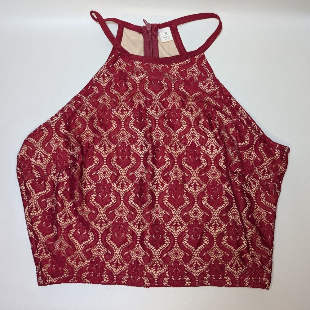 Chic Burgundy Lace Halter Crop Top by Ayla, Half Zip Back, Small/Medium - NWOT